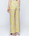 Mirto, Yellow Floral Print Linen Trousers- Yellow
