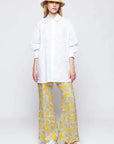 Mirto, Yellow Floral Print Linen Trousers- Yellow