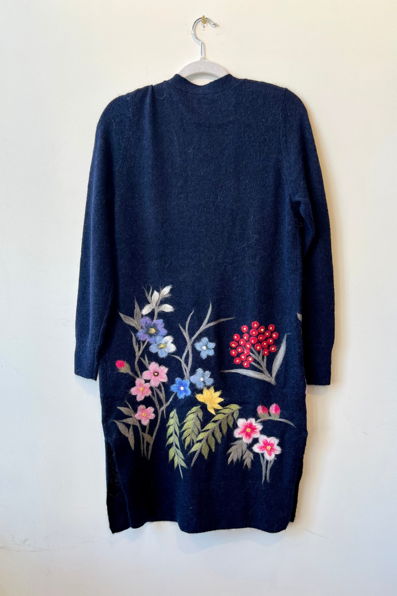 Quenna, Floral Garden Long Cardigan-Navy