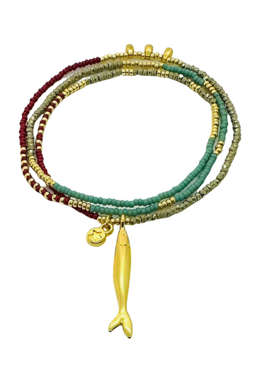 The Makery, Loopstring Necklace- Aqua, Deep Red & Sparkling Silver with Gold Fish & Starfish