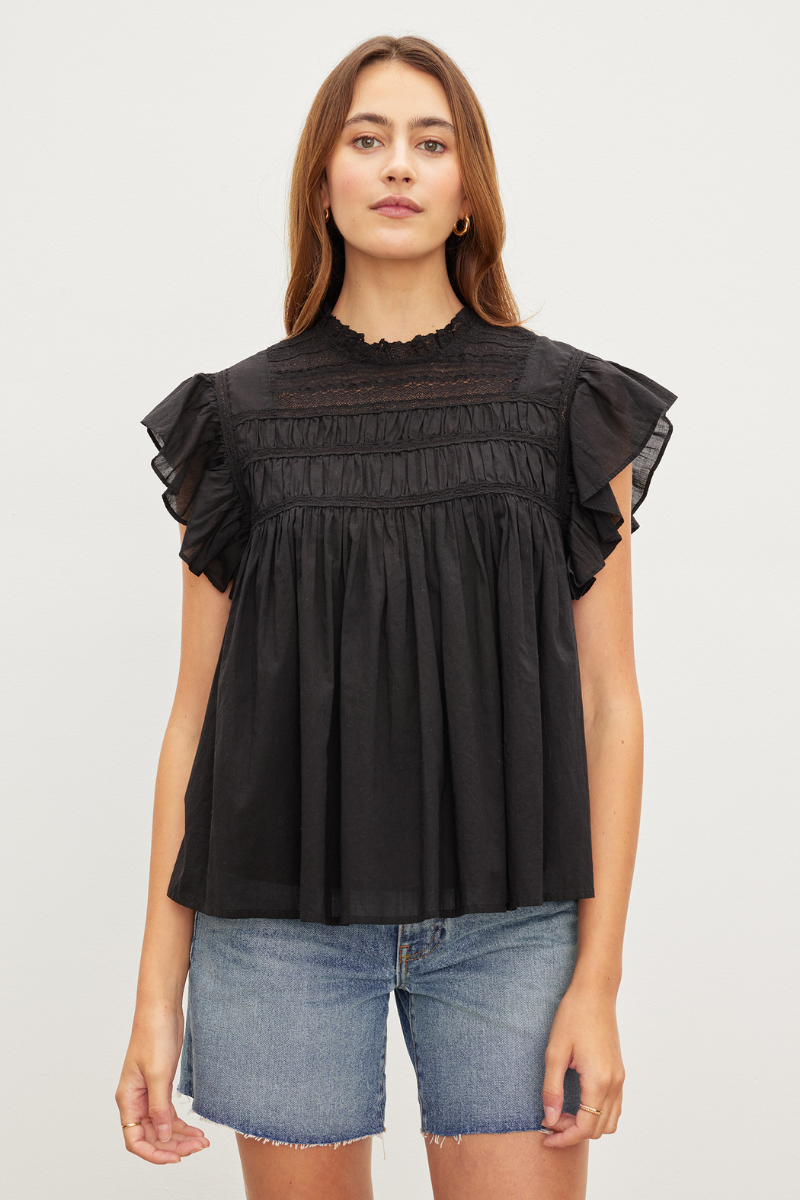 Velvet, Inessa Cotton Lace Sleeveless Top- Black