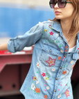 Wash Lab, Sketchbook Embroidered Denim Top - Vintage Blue