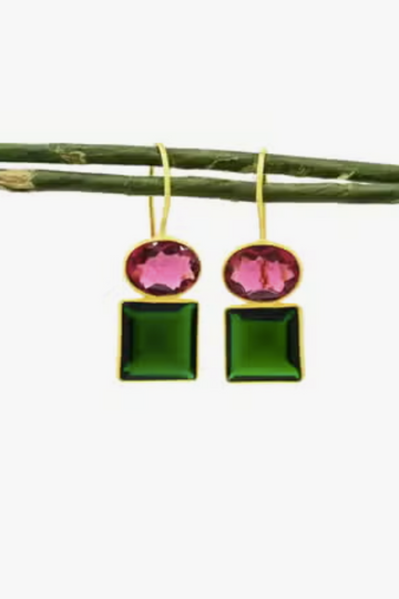 Schmuckoo, Oval & Square Earrings- Pink & Green Tourmaline