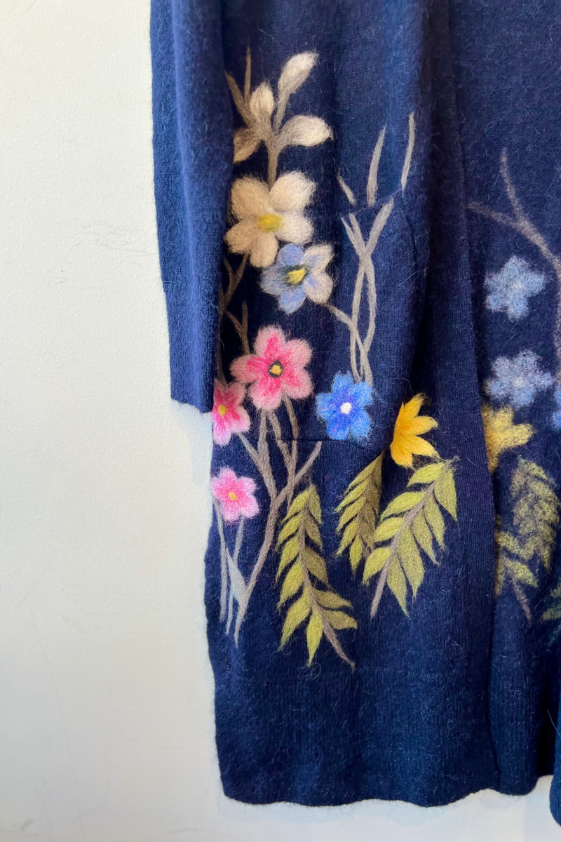 Quenna, Floral Garden Long Cardigan-Navy