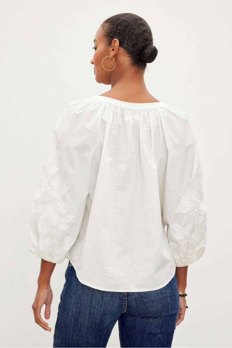 Velvet, Trina Tonal Embroidery Long Sleeve Top- Off White