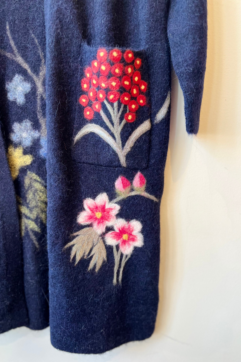 Quenna, Floral Garden Long Cardigan-Navy