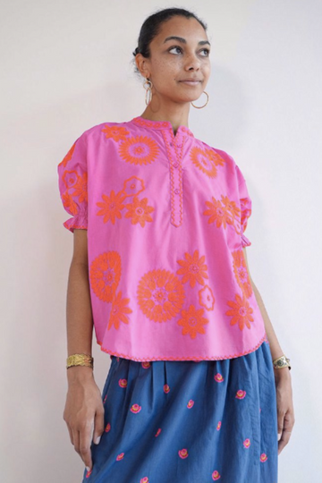 Nimo With Love, Sesame Blouse- Pink with Embroidered Orange Flowers