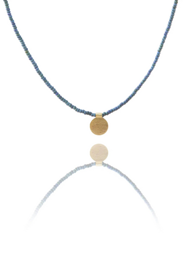 The Makery, Short Gunmetal Blue Beaded Necklace with Brushed Brass Disc