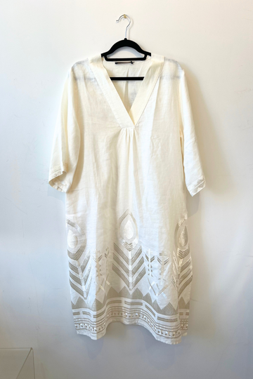 Greek Archaic Kori, Short Feather Dress with Bell Sleeves- Natural/Gold