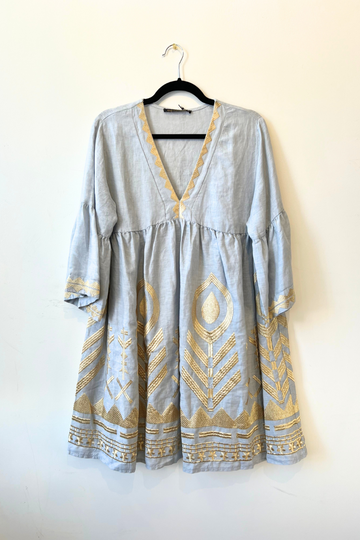 Greek Archaic Kori, Short Feather Dress with Bell Sleeves- Light Grey/Gold