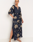 Greek Archaic Kori, Long Belted Dress with Peacocks- Navy/Gold