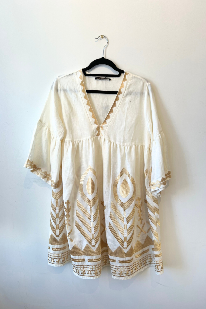 Greek Archaic Kori, Feather V-Neck Dress- Natural/Champagne