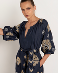 Greek Archaic Kori, Long Belted Dress with Peacocks- Navy/Gold