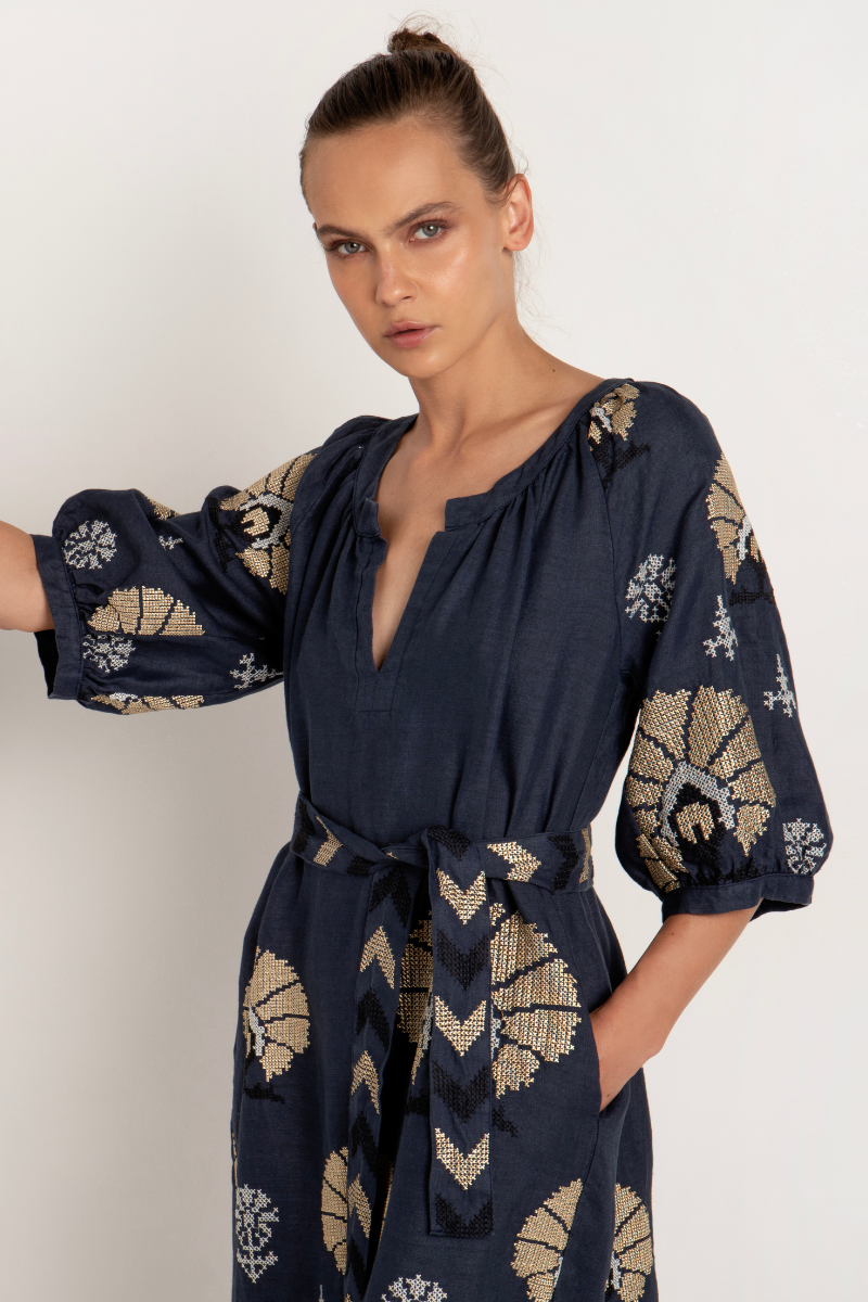 Greek Archaic Kori, Long Belted Dress with Peacocks- Navy/Gold