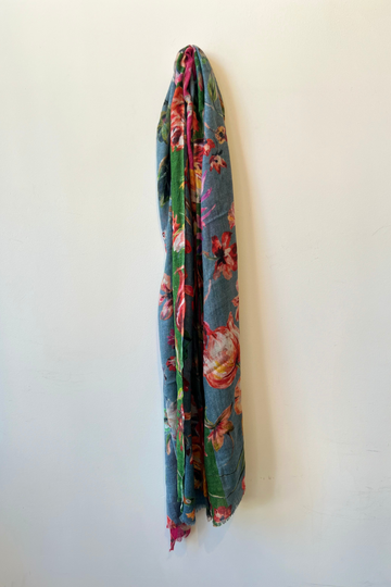 Silk Wool Twill floral Print Scarf - Blue
