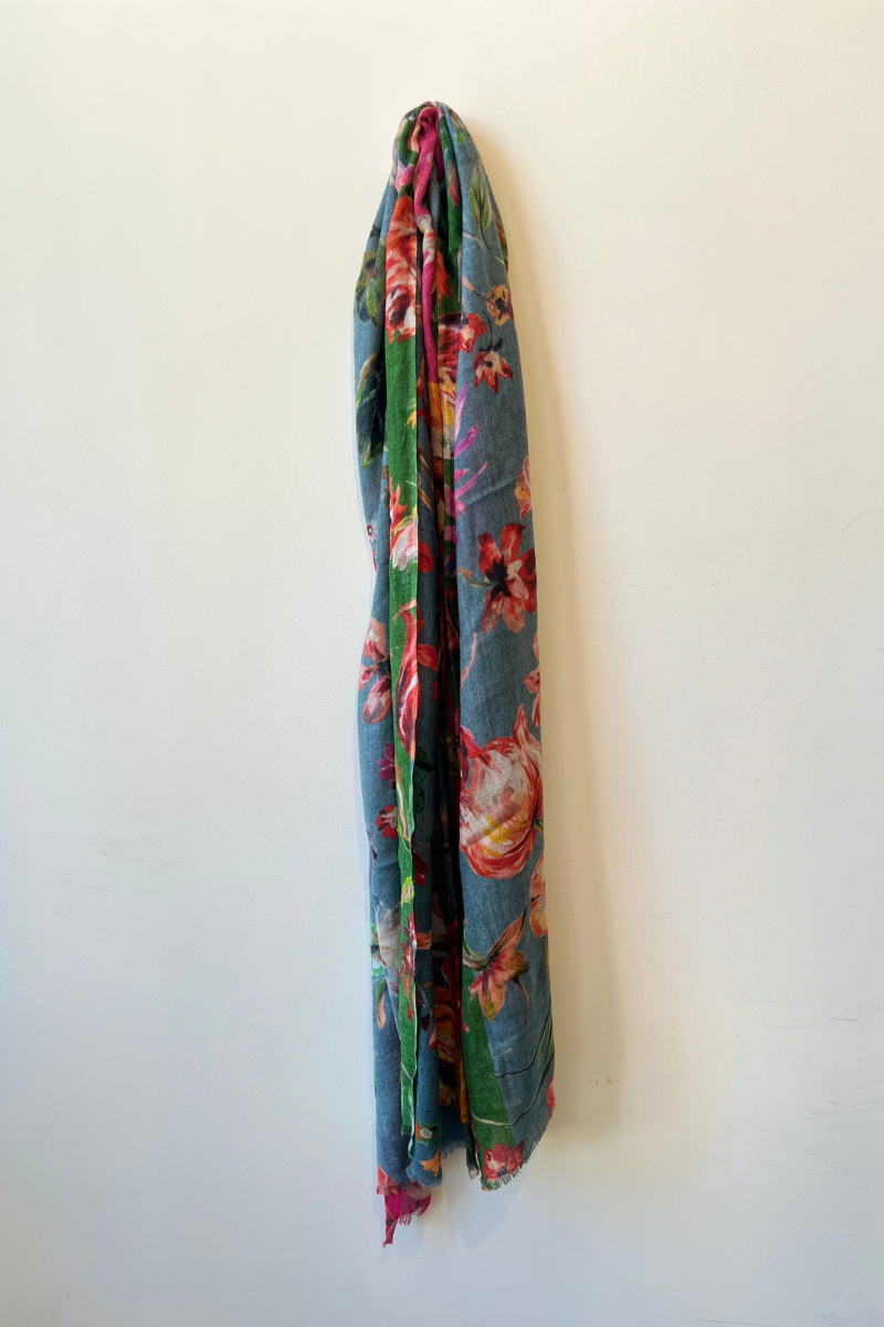 Silk Wool Twill floral Print Scarf - Blue