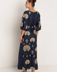 Greek Archaic Kori, Long Belted Dress with Peacocks- Navy/Gold