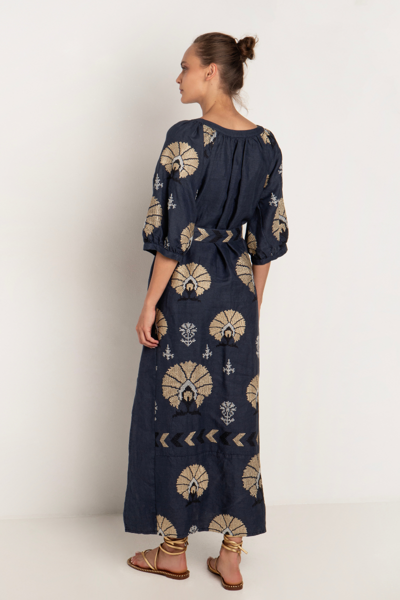 Greek Archaic Kori, Long Belted Dress with Peacocks- Navy/Gold