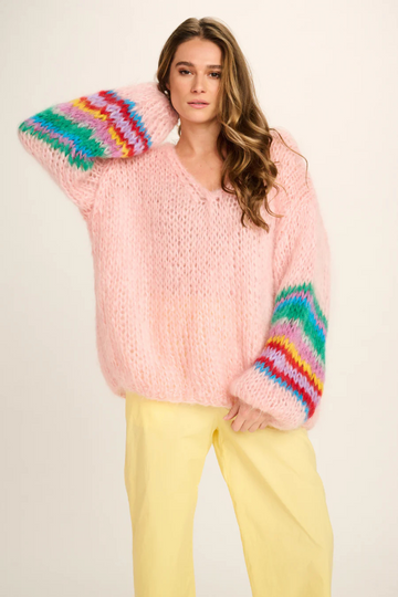 Les Tricots D'O, Eleanor Mohair V-Neck Sweater-Pink w/Coloured Sleeves