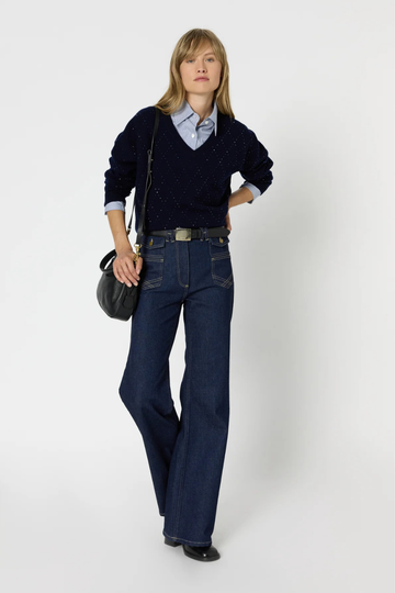 Gerad Darel, Edwige V-neck Wool Sweater with Rhinestones - Marine