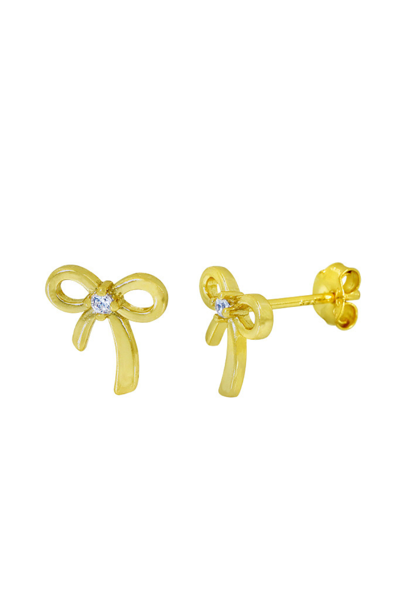 Gold Bow Stud Earrings with Cubic Zirconia