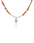 AB, Glass Bead Necklace with Pearls and Gold Eye Tear Drop Pendant