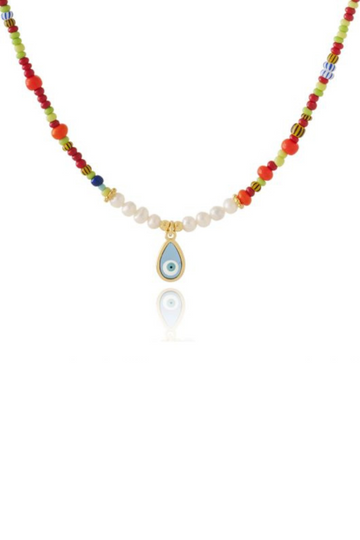 AB, Glass Bead Necklace with Pearls and Gold Eye Tear Drop Pendant