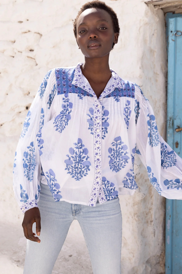 Oliphant, Mandarin Pintuck Blouse - Salvia Blue