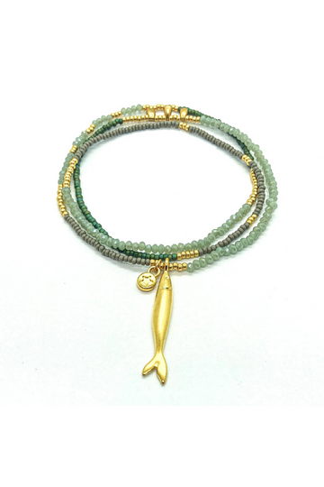The Makery, Loopstring Necklace- Sage, Grey with Gold Fish