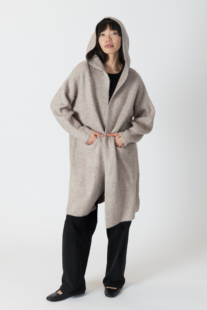 Lyla & Luxe, Darla Long Hooded Ribbed Coat-Driftwood