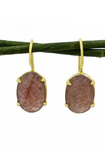 Schmuckoo, Oval Prong Gemstone Earrings Gold - Strawberry Quartz