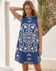 Printed Cotton Short Dress- Navy
