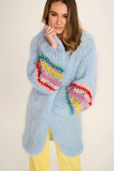 Les Tricots D'O, Ellis Long Cardigan-Pale Blue w/Coloured Sleeves
