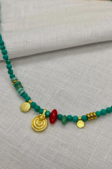 The Makery, Shell Short Necklace- Turquoise, Gold and Red