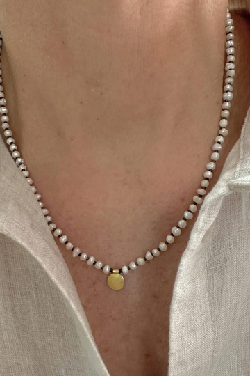 The Makery, Pearl Necklace with Gold Disc Charm