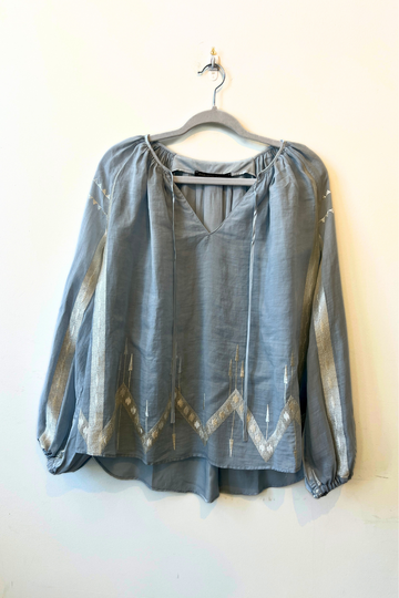 Greek Archaic Kori, Long Sleeve Blouse with String Tie - Light Grey/Champagne