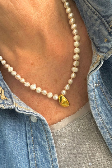 The Makery Collection, Pearl Necklace with Gold Pebble Charm