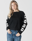 Lyla & Luxe, Raya Crewneck Sweater w/ Sleeve Embroidery-Black/White