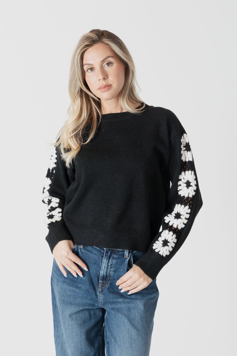 Lyla & Luxe, Raya Crewneck Sweater w/ Sleeve Embroidery-Black/White