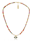 AB, Glass Beads with Pearls and Gold Evil Eye Pendant