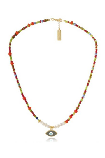 AB, Glass Beads with Pearls and Gold Evil Eye Pendant