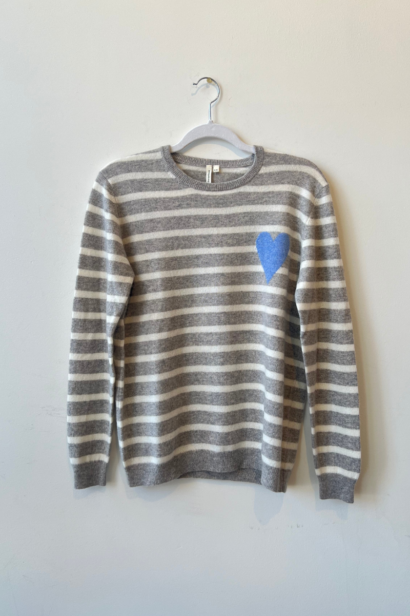 Heart Stripe Crew Sweater- Silver