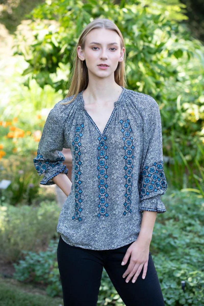 Rungolee, Barcelona Embroidered Blouse- Shadow Dishdash Blue