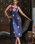 Nimo with Love, Agate Dress - Navy Jacquard with Flower Bunch Embroidery