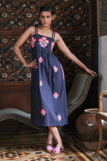 Nimo with Love, Agate Dress - Navy Jacquard with Flower Bunch Embroidery