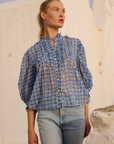 Oliphant, Ruffle Front Button Blouse- Aster Blue