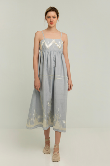 Greek Archaic Kori, Spaghetti Strap Dress - Light Grey/Champagne