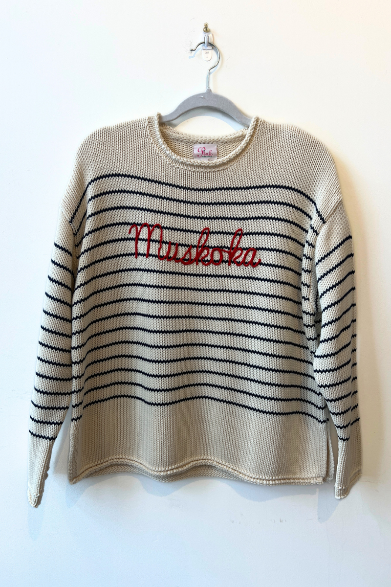 Rollneck Muskoka Cotton Sweater-Cream/Navy Stripes