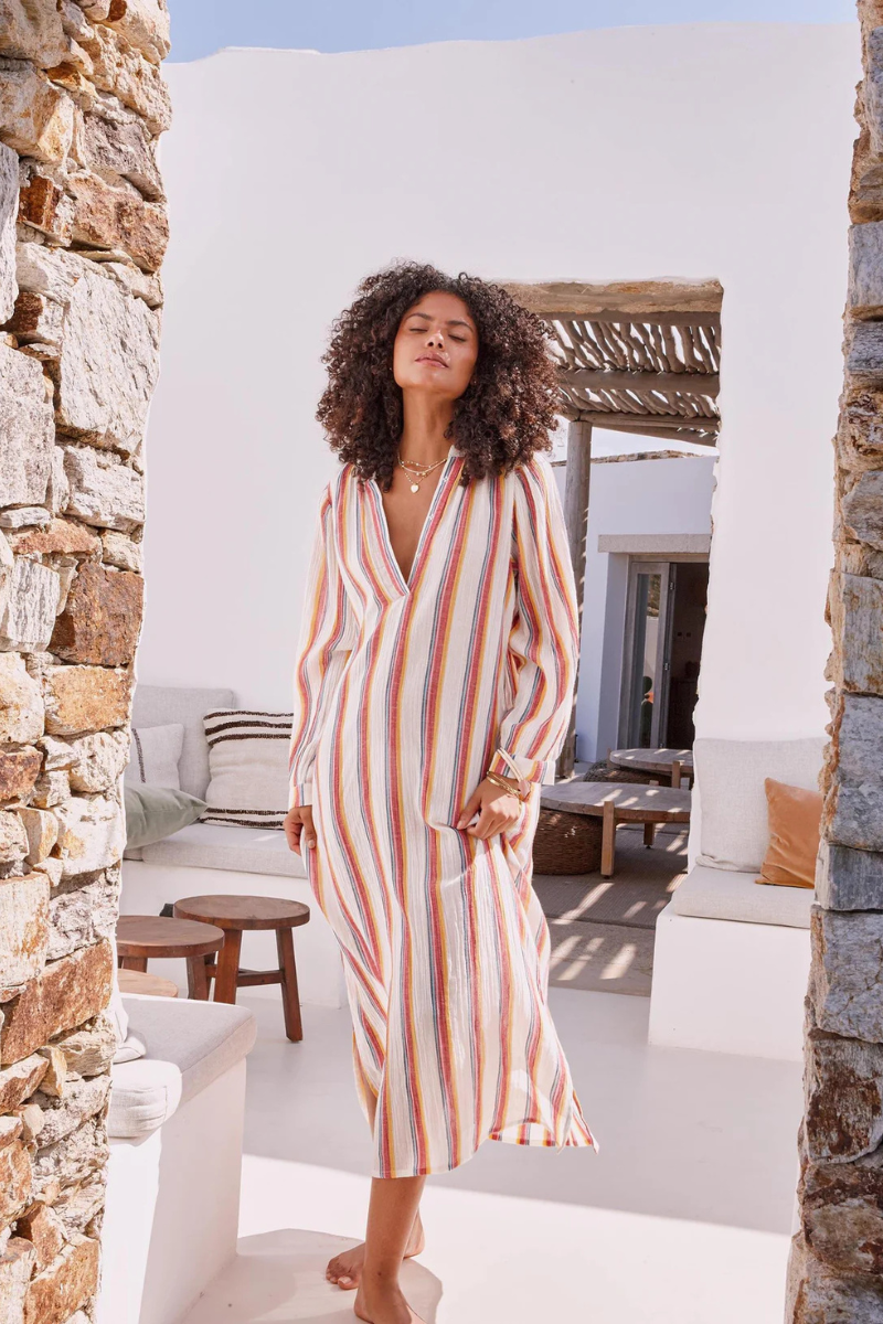 M.A.B.E., Kori Stripe Kaftan-Ecru/Multi