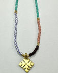 Beaded Necklace - Blue, Pink and Gold with Ethopian Cross